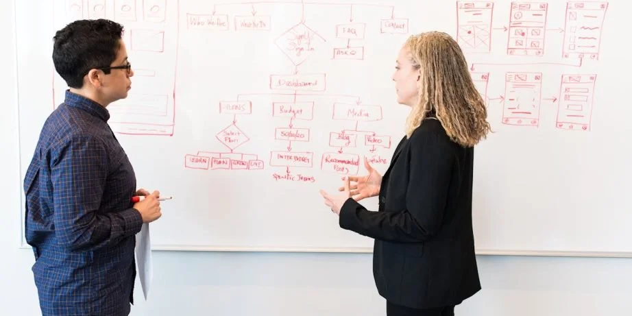 UI/UX sitemap flowchart planning session between designers at whiteboard